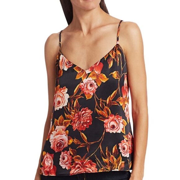 L’AGENCE 'Jane' Rose-Print Silk Camisole Tank Top, Basalt Rosa (Black Multi) - Picture 1 of 2